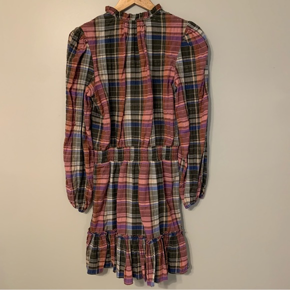 NWT Veronica Beard Denim Destiny Dress Short Ruffles Olive Pink Plaid Size 6 - Picture 11 of 11